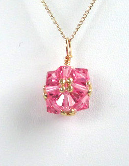 Birthstone crystal bead woven pendant necklace - October (rose tourmaline)